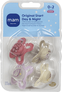 Schnuller Original Start Day & Night Silikon, rot/lila/braun/creme, 0-2 Monate, 4 St mam