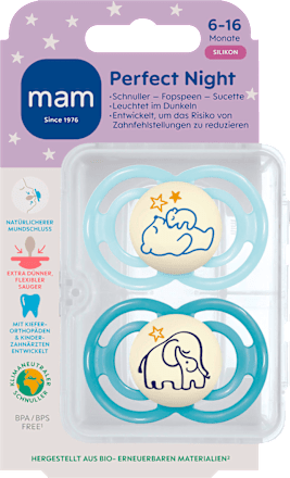 Perfect Night siliconen fopspeen, blauw, 6-16 maanden, 2 stuks