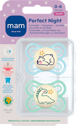 Perfect Night siliconen fopspeen, blauw/mint, 0-6 maanden, 2 stuks