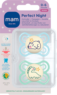 Perfect Night siliconen fopspeen, blauw/mint, 0-6 maanden, 2 stuks