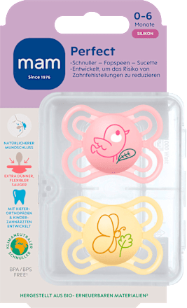 Schnuller Perfect Silikon, rosa/gelb, 0-6 Monate, 2 St mam