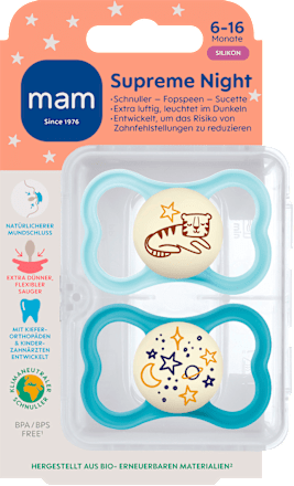 Supreme Night Siliconen Fopspeen, blauw, 6-16 maanden, 2 stuks
