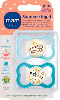 Supreme Night Siliconen Fopspeen, blauw, 6-16 maanden, 2 stuks