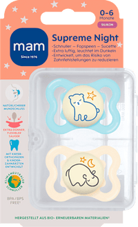 Schnuller Supreme Night Silikon, blau/creme, 0-6 Monate, 2 St mam