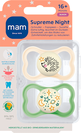 Supreme Night siliconen fopspeen, crème/groen, vanaf 16 maanden, 2 stuks