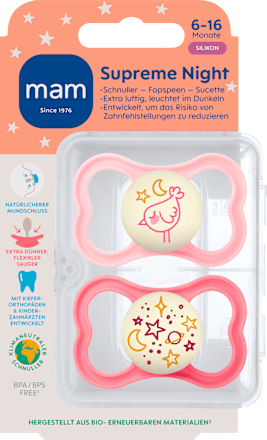 Supreme Night Siliconen Fopspeen, roze, 6-16 maanden, 2 stuks