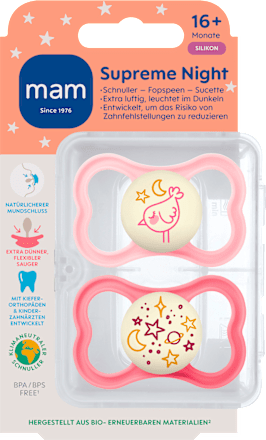 Supreme Night Siliconen Fopspeen, Roze, vanaf 16 maanden, 2 stuks