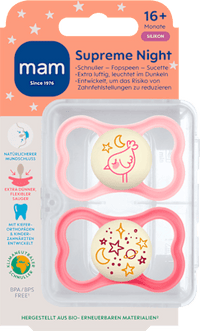 Supreme Night Siliconen Fopspeen, Roze, vanaf 16 maanden, 2 stuks