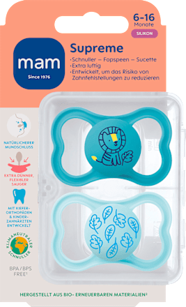 Schnuller Supreme Silikon, blau, 6-16 Monate, 2 St mam