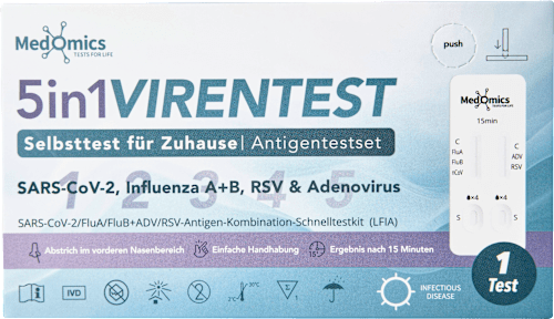 5-in-1 virustest zelftest SARS-CoV-2, Influenza A/B, RSV &amp; Adenovirus, 1 stuk