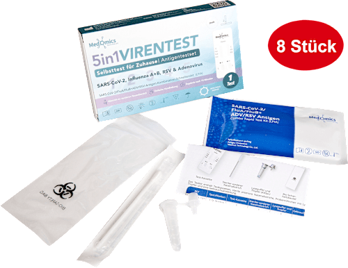 5-in-1 virustest zelftest SARS-CoV-2, Influenza A/B, RSV &amp; Adenovirus, 8 stuks