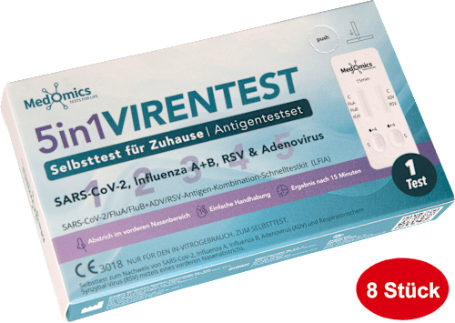 5-in-1 virustest zelftest SARS-CoV-2, Influenza A/B, RSV &amp; Adenovirus, 8 stuks