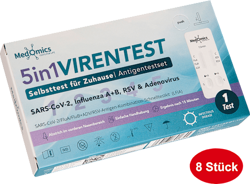 5-in-1 virustest zelftest SARS-CoV-2, Influenza A/B, RSV &amp; Adenovirus, 8 stuks