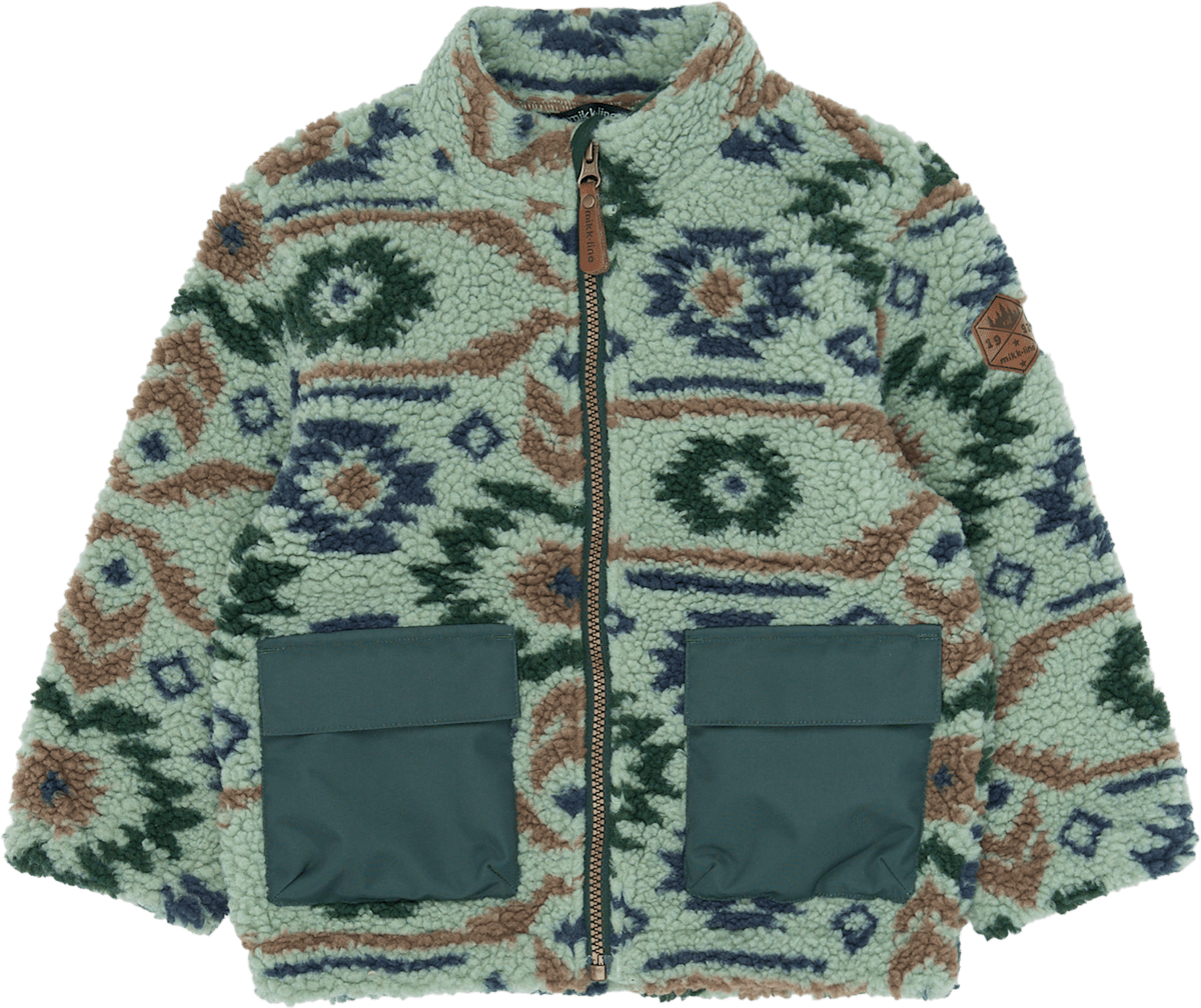 Mikk-Line Teddyjacke mit Jacquard-Muster, grün, Gr. 122/128, 1 St