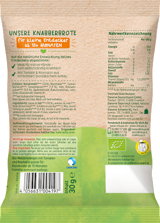 Kindersnack Knabberbrote Tomate-Rosmarin ab 15+ Monaten, 30 g