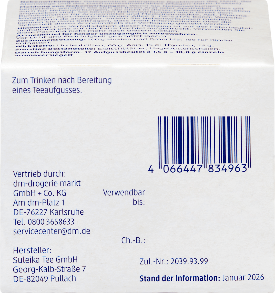 Arzneitee, Husten & Bronchial Tee für Kinder (12 Beutel), 18 g