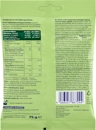 Bonbon, Halsbonbons Euklyptus-Menthol, zuckerfrei, 75 g