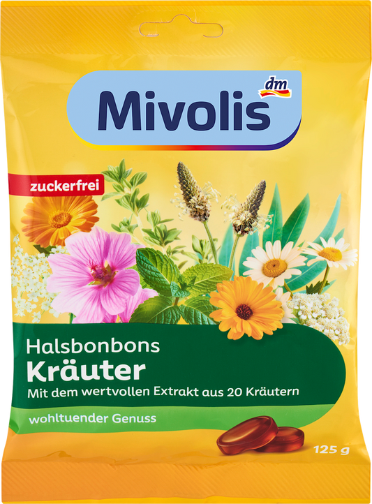 Mivolis Bonbon, bonbons pour la gorge aux plantes, sans sucre, 125 g