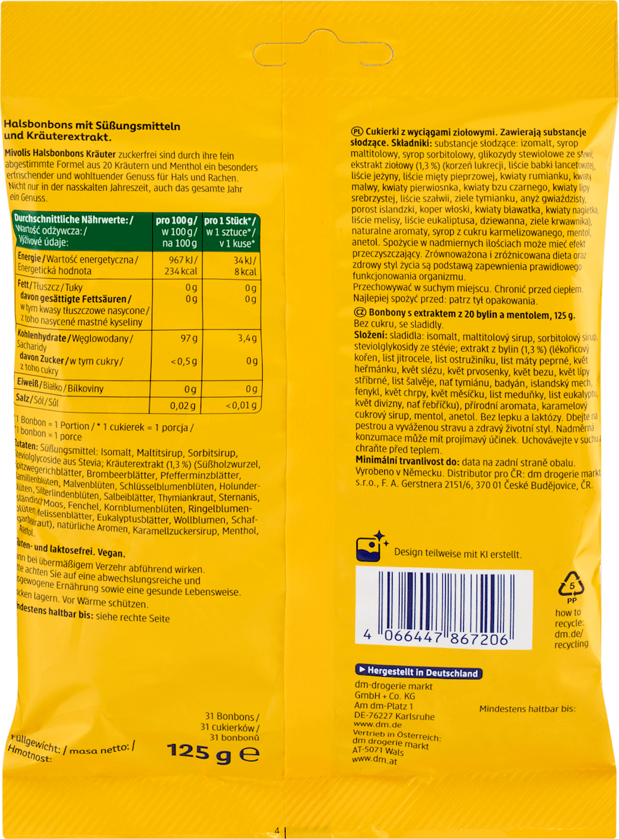 Mivolis Bonbon, Halsbonbons Kräuter, zuckerfrei, 125 g