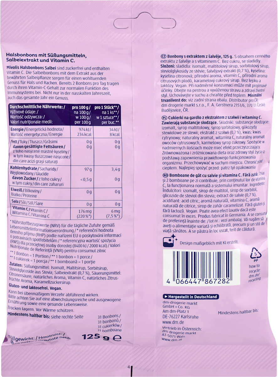 Mivolis Bonbon, Halsbonbons Salbei, zuckerfrei, 125 g