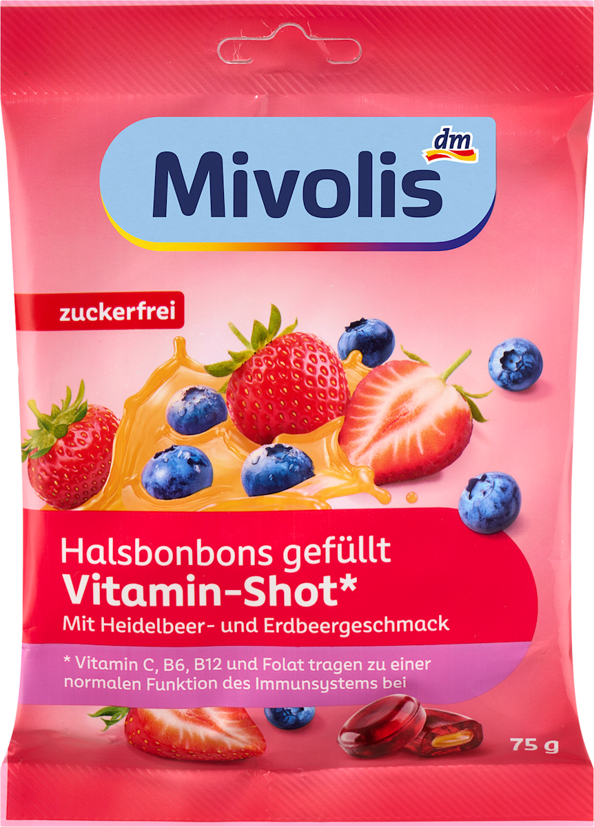 Mivolis Bonbon, Halsbonbons Vitamin-Shot Heidelbeere-Erdbeere, gefüllt, zuckerfrei, 75 g