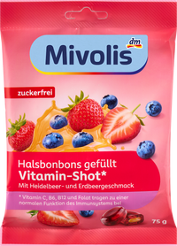Mivolis Bonbon, Halsbonbons Vitamin-Shot Heidelbeere-Erdbeere, gefüllt, zuckerfrei, 75 g
