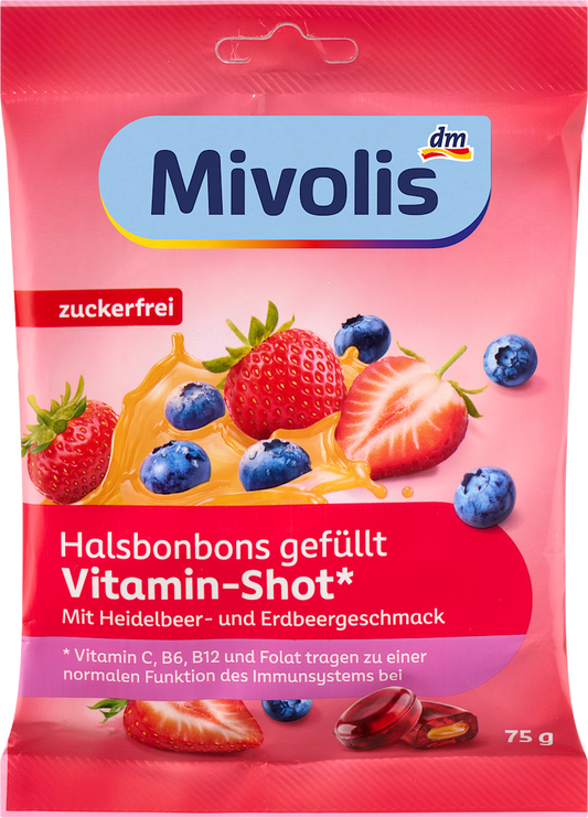 Mivolis Bonbon, bonbons pour la gorge Vitamin-Shot Myrtille-Fraise, fourrés, sans sucre, 75 g
