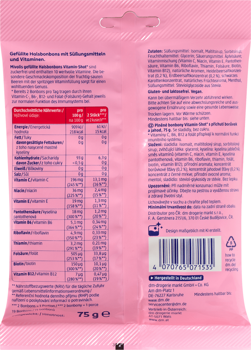 Mivolis Bonbon, Halsbonbons Vitamin-Shot Heidelbeere-Erdbeere, gefüllt, zuckerfrei, 75 g