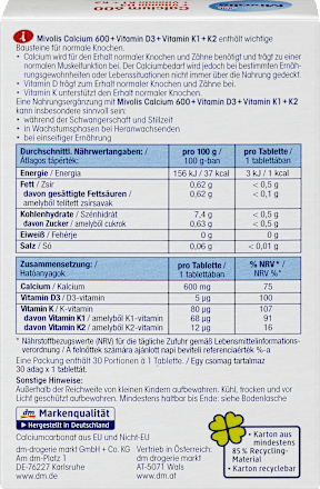 Calcium 600 + Vitamine D3 + K1 + K2, 30 stuks, 50 g