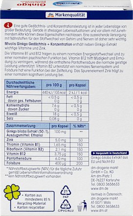 Ginkgo Gedächtnis + Konzentration Kapseln, 40 St., 20 g Mivolis