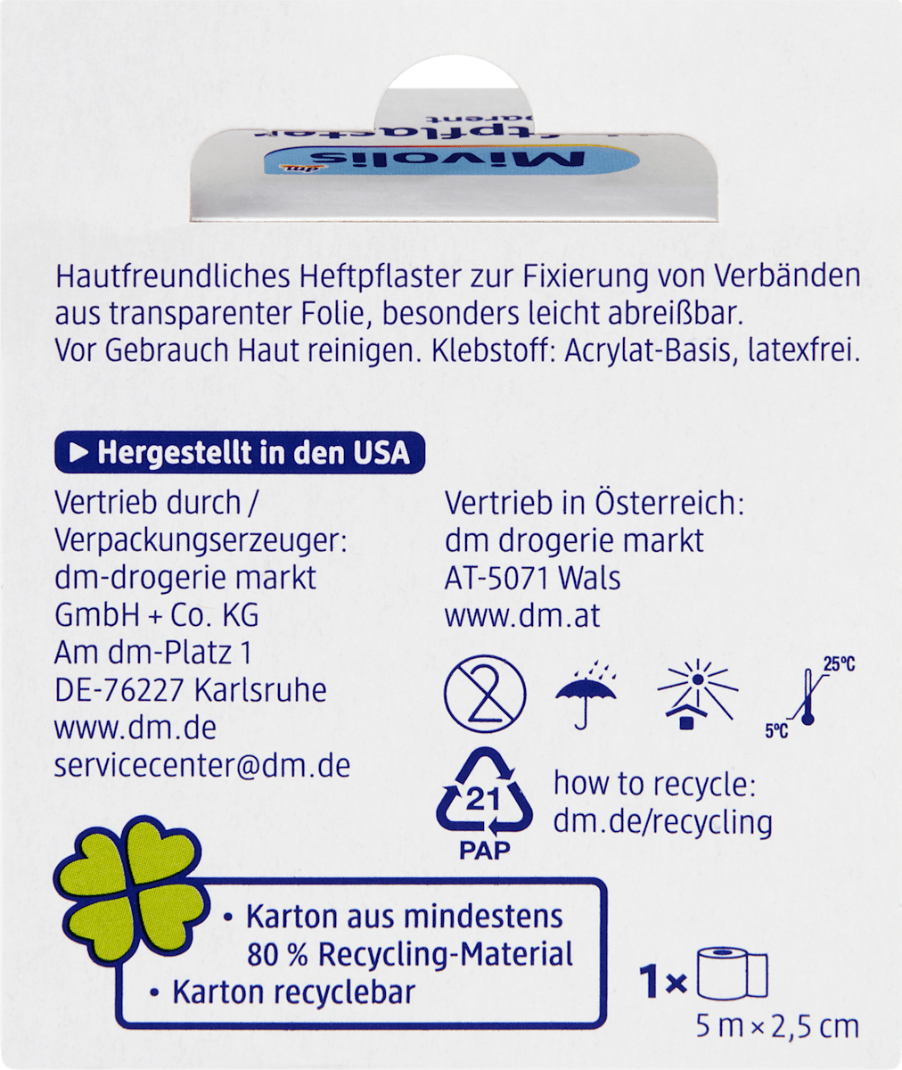 Mivolis Heftpflaster Transparent 5 m x 2,5 cm, 1 Rolle, 5 m
