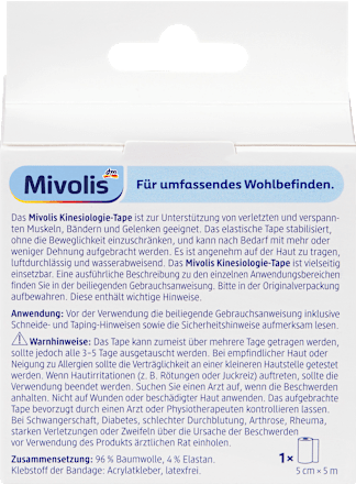 Mivolis Kinesiologie-Tape, 5 cm x 5 m, 1 Rolle, 5 m