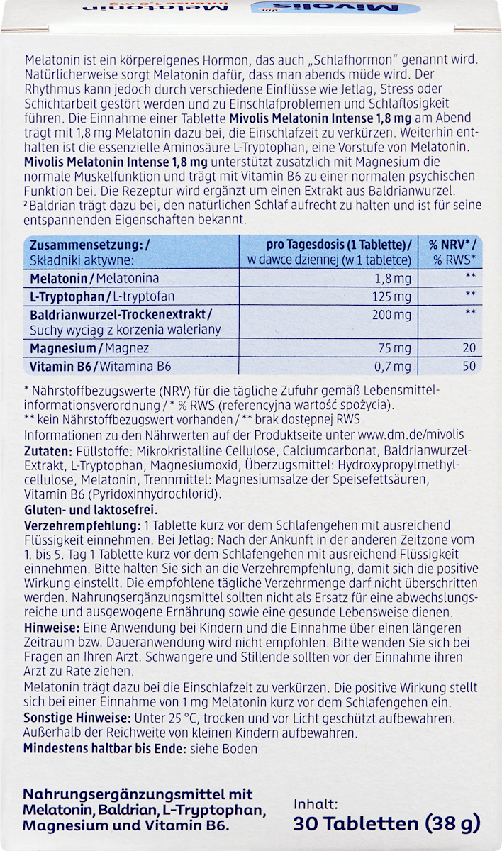 Mivolis Melatonin Intense 1,8 mg Tabletten 30 St, 38 g