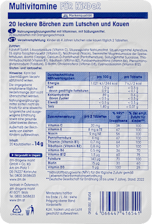 Multivitaminen voor kinderen, kauwtabletten 20 stuks, 14 g