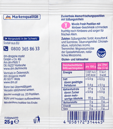 Mivolis Pastilles, framboos, suikervrij, 25 g