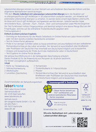 Selbsttest mit Laboranalyse Lebensmittel-Allergie, 1 Anwendung, 1 St