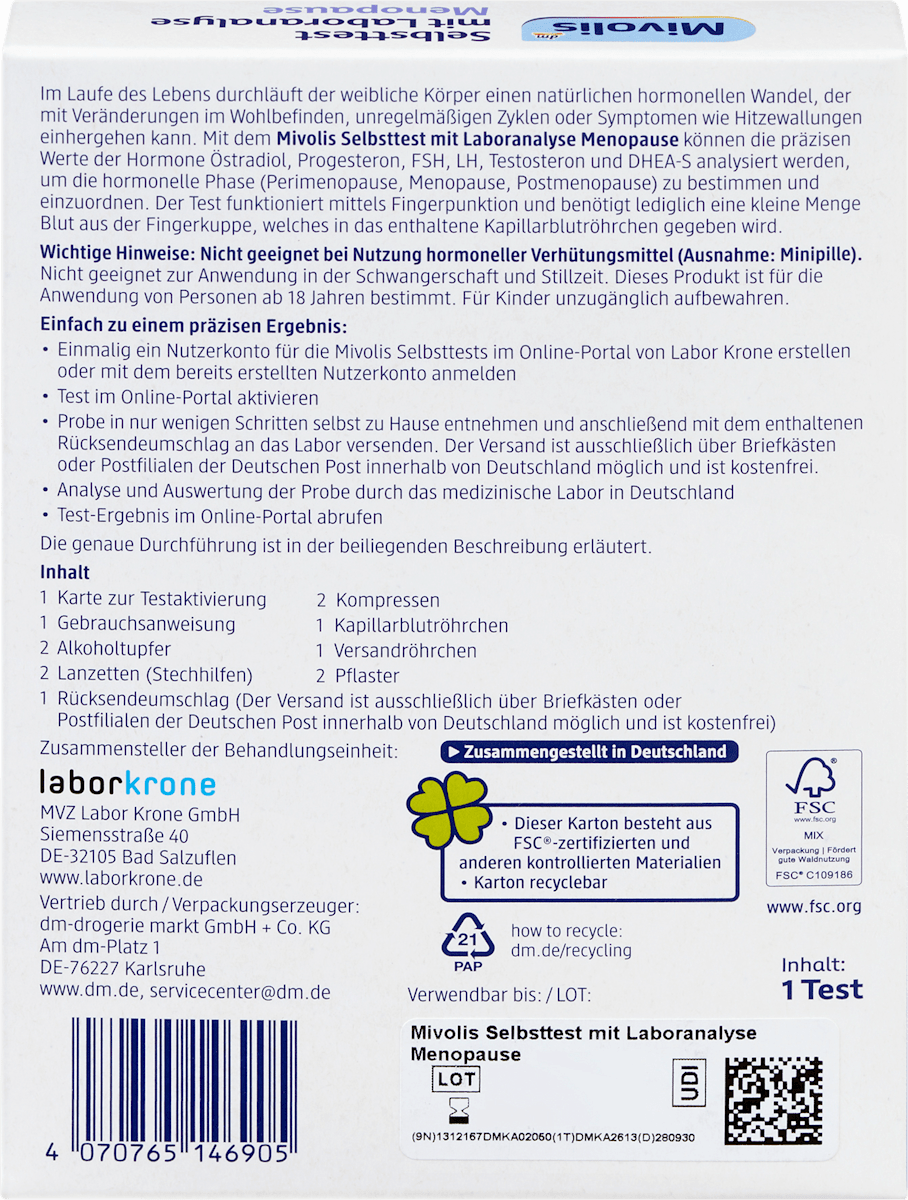 Mivolis Selbsttest mit Laboranalyse Menopause, 1 Set