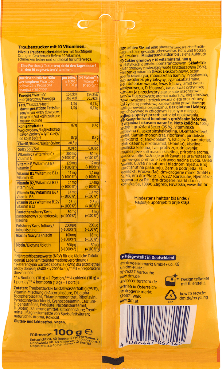 Traubenzucker mit 10 Vitaminen, Orangen-Geschmack, 100 g