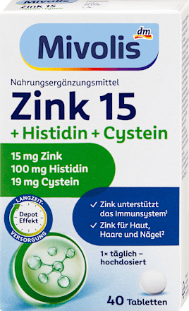 Zink 15 + Histidin + Cystein Tabletten 40 St, 19 g
