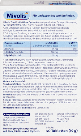 Zink 15 + Histidin + Cystein Tabletten 40 St, 19 g