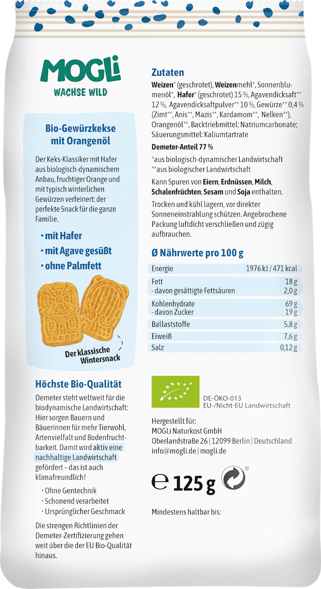 MOGLi Biscuits pour enfants Spéculoos à l'avoine & à l'orange dès 3 ans, 125 g