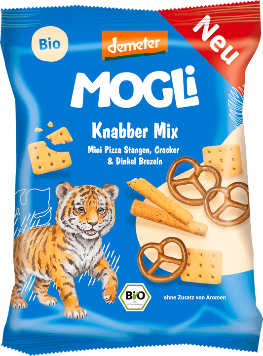 MOGLi Kindersnack Knabber Mix Mini Pizza Stangen, Cracker & Dinkel Brezeln ab 3 Jahren, 60 g