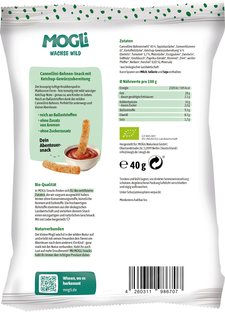 MOGLi Kindersnack Makkaroni Sticks mit Ketchup ab 3 Jahren, 40 g