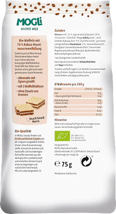 Kindersnack Mini Kakao Waffeln mit Haselnüssen, 75 g