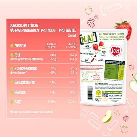 Trockenfrüchte, Fruchtsnack Erdbeere, Softe Stückchen auf Apfelbasis, 35 g