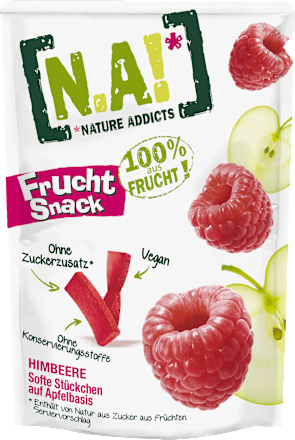 Gedroogd fruit, fruitsnack framboos, zachte stukjes op basis van appel, 35 g