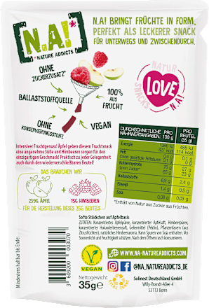 Trockenfrüchte, Fruchtsnack Himbeere, Softe Stückchen auf Apfelbasis, 35 g