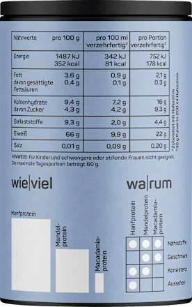 Proteinpulver Hanf, Mandel & Macadamia, ungesüßt, vegan, 240 g