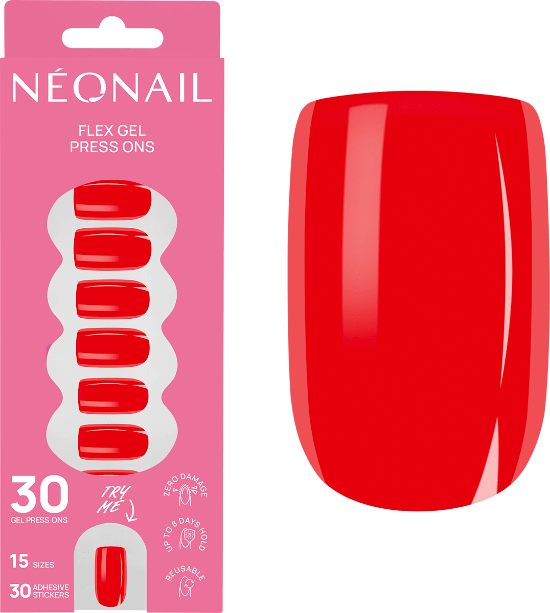 NÉONAIL Press Ons Bold Red Short Square, 30 St