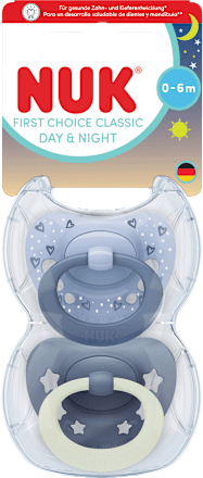 Schnuller First Choice Classic Day & Night Silikon, blau, 0-6 Monate, 1 St